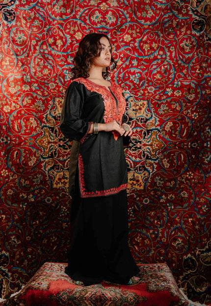 Trendy Aari Work Kurti Black With Red Embroidery - Short | Cotton - Kashmir Jama