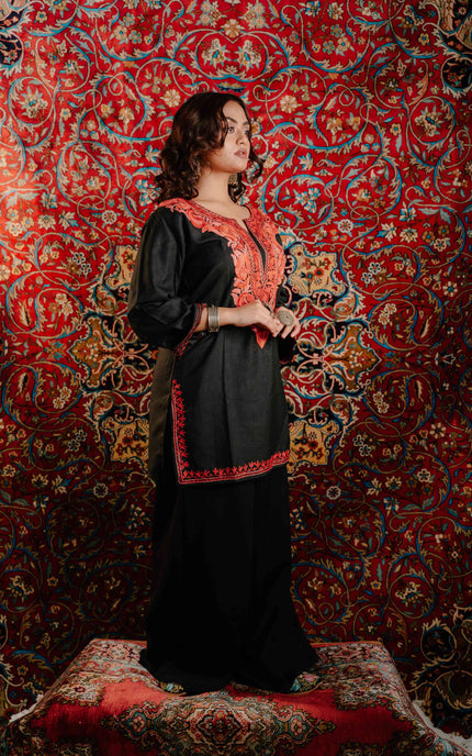 Trendy Aari Work Kurti Black With Red Embroidery - Short | Cotton - Kashmir Jama