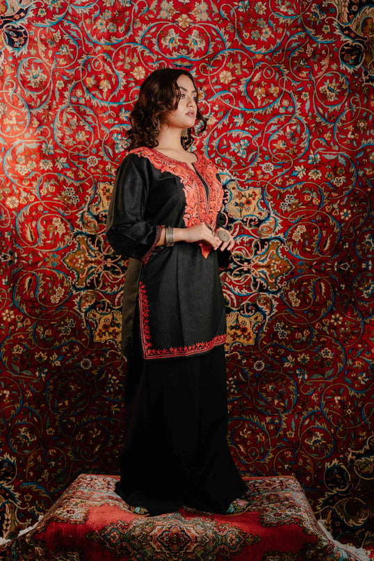 Trendy Aari Work Kurti Black With Red Embroidery - Short | Cotton - Kashmir Jama
