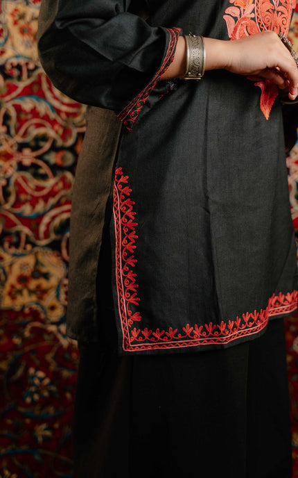 Trendy Aari Work Kurti Black With Red Embroidery - Short | Cotton - Kashmir Jama