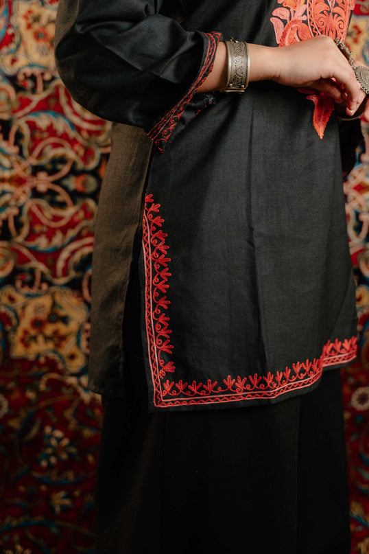 Trendy Aari Work Kurti Black With Red Embroidery - Short | Cotton - Kashmir Jama