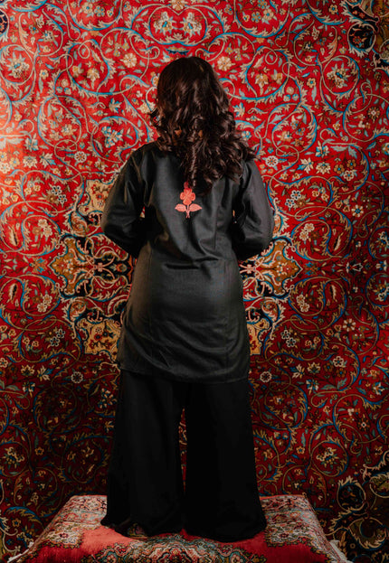 Trendy Aari Work Kurti Black With Red Embroidery - Short | Cotton - Kashmir Jama