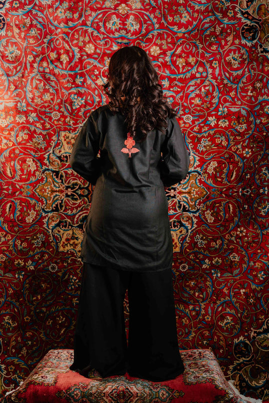Trendy Aari Work Kurti Black With Red Embroidery - Short | Cotton - Kashmir Jama