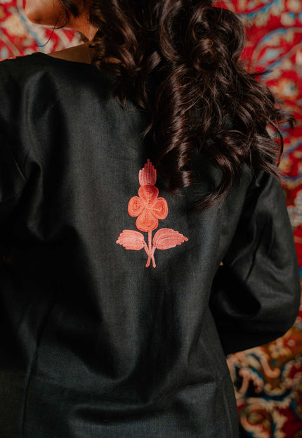 Trendy Aari Work Kurti Black With Red Embroidery - Short | Cotton - Kashmir Jama