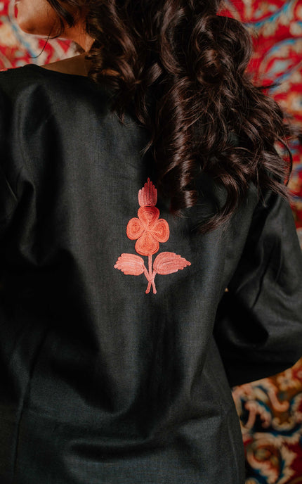 Trendy Aari Work Kurti Black With Red Embroidery - Short | Cotton - Kashmir Jama