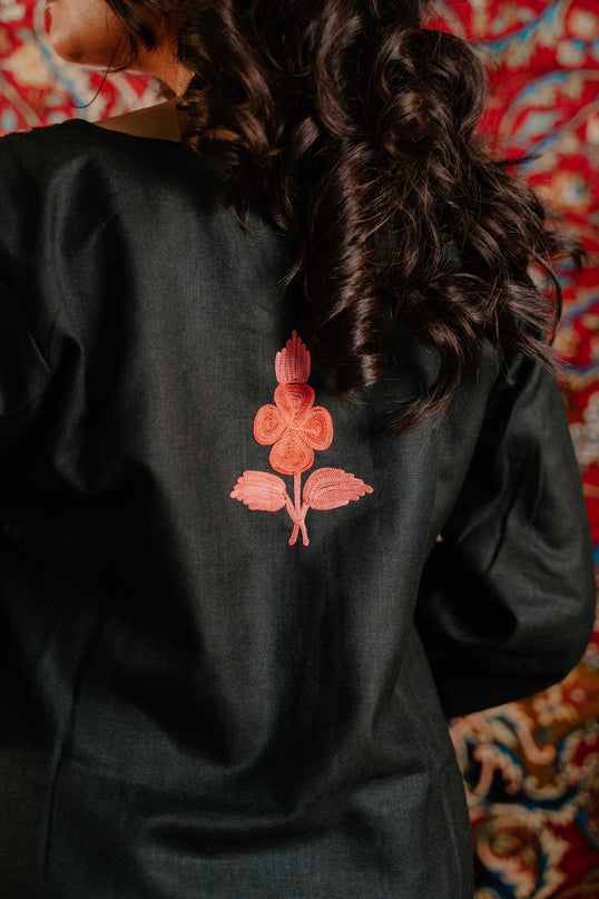 Trendy Aari Work Kurti Black With Red Embroidery - Short | Cotton - Kashmir Jama
