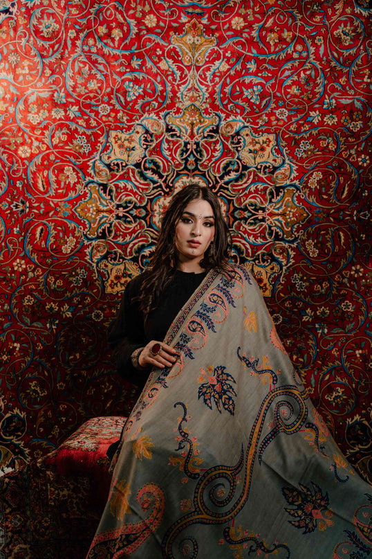 Kashmiri Kalamkari Sozni Shawl - Natural Grey | Paisley - Kashmir Jama