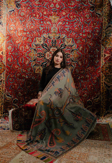 Kashmiri Kalamkari Sozni Shawl - Natural Grey | Paisley - Kashmir Jama