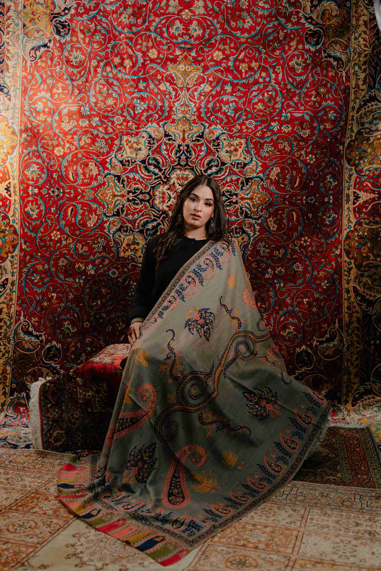 Kashmiri Kalamkari Sozni Shawl - Natural Grey | Paisley - Kashmir Jama