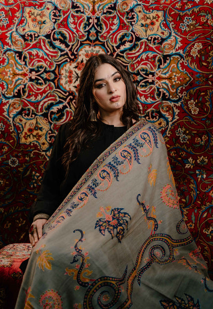 Kashmiri Kalamkari Sozni Shawl - Natural Grey | Paisley - Kashmir Jama