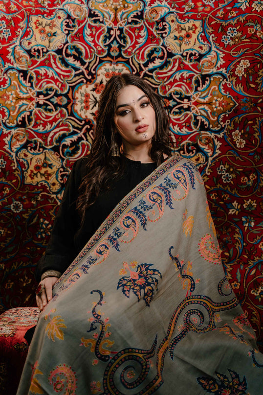 Kashmiri Kalamkari Sozni Shawl - Natural Grey | Paisley - Kashmir Jama