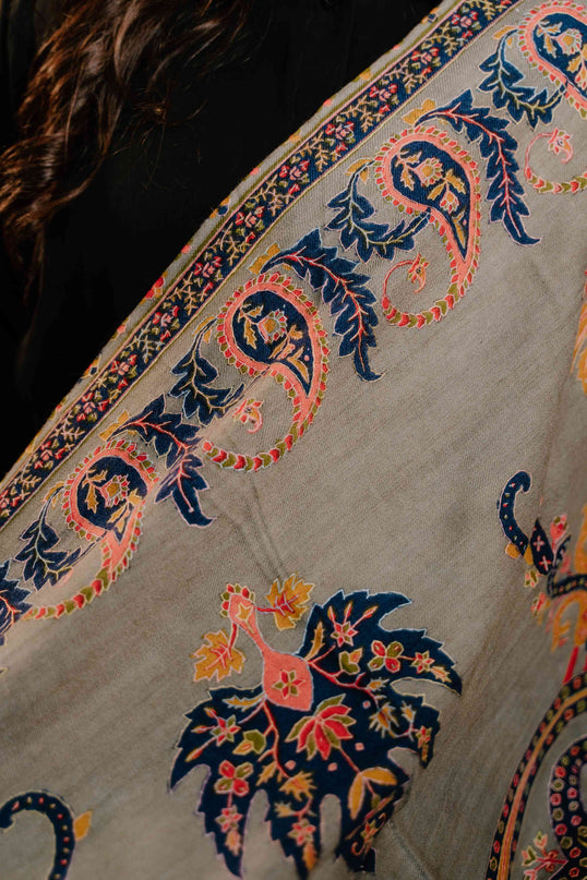Kashmiri Kalamkari Sozni Shawl - Natural Grey | Paisley - Kashmir Jama