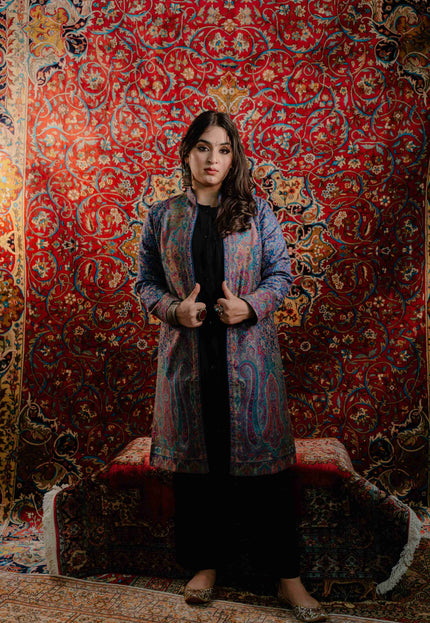 Kashmiri Kani Work Jacket - Blue | Silk - Kashmir Jama