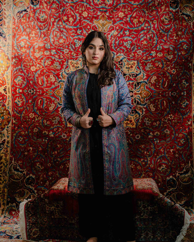 Kashmiri Kani Work Jacket - Blue | Silk - Kashmir Jama