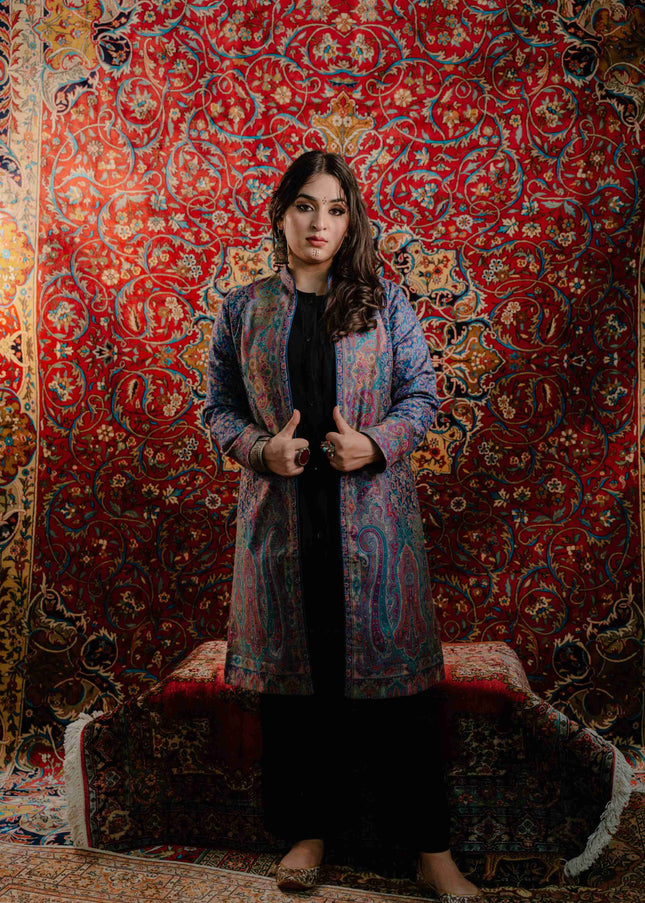 Kashmiri Kani Work Jacket - Blue | Silk - Kashmir Jama