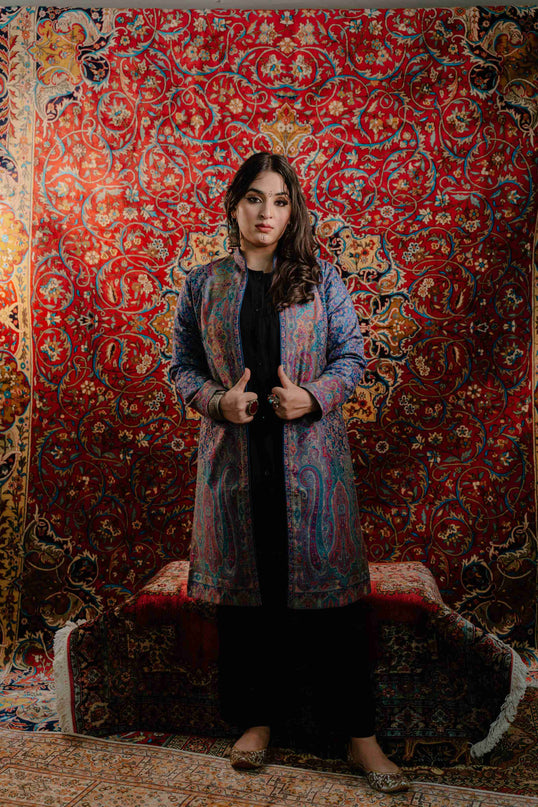 Kashmiri Kani Work Jacket - Blue | Silk - Kashmir Jama
