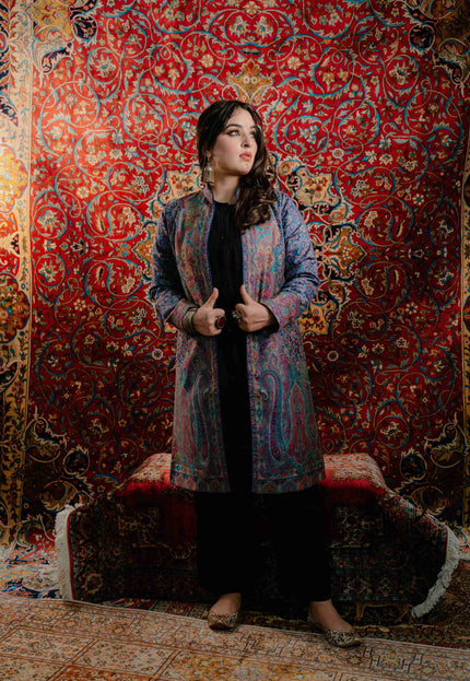 Kashmiri Kani Work Jacket - Blue | Silk - Kashmir Jama