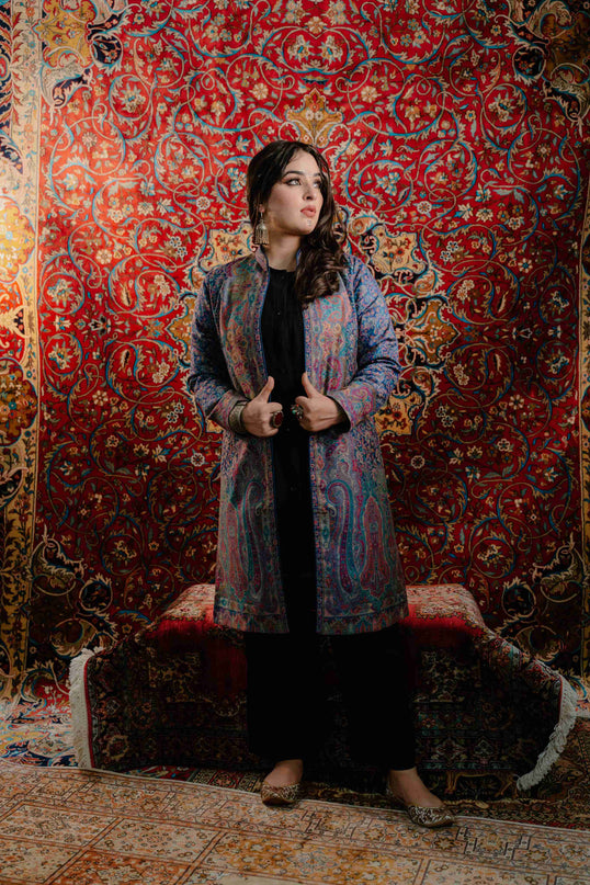 Kashmiri Kani Work Jacket - Blue | Silk - Kashmir Jama