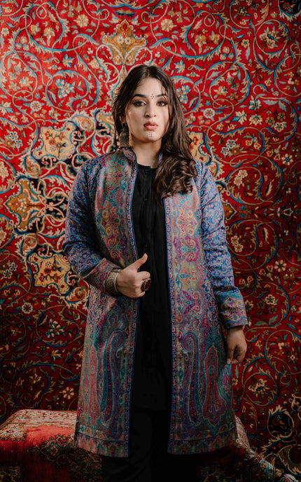 Kashmiri Kani Work Jacket - Blue | Silk - Kashmir Jama