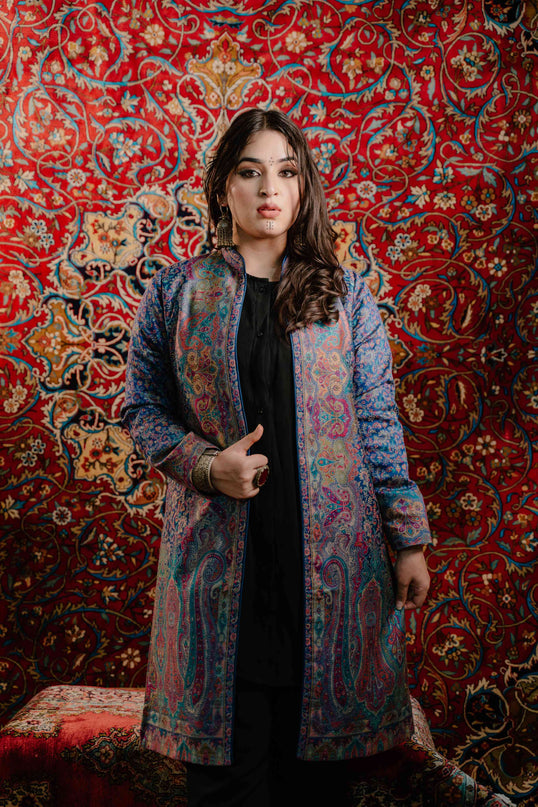 Kashmiri Kani Work Jacket - Blue | Silk - Kashmir Jama