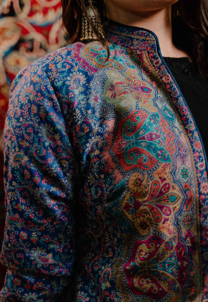 Kashmiri Kani Work Jacket - Blue | Silk - Kashmir Jama