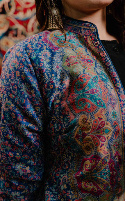 Kashmiri Kani Work Jacket - Blue | Silk - Kashmir Jama