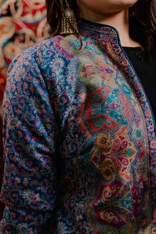 Kashmiri Kani Work Jacket - Blue | Silk - Kashmir Jama