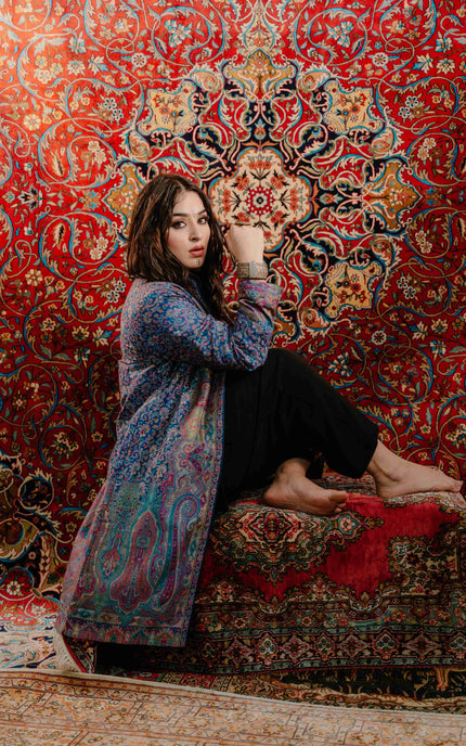 Kashmiri Kani Work Jacket - Blue | Silk - Kashmir Jama