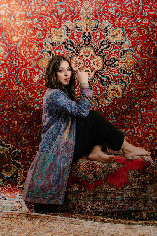 Kashmiri Kani Work Jacket - Blue | Silk - Kashmir Jama