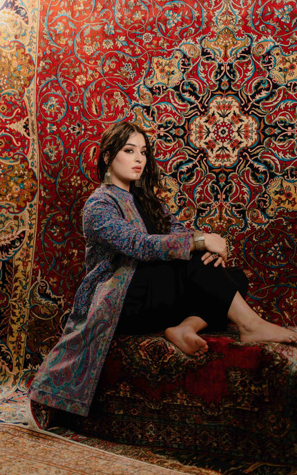 Kashmiri Kani Work Jacket - Blue | Silk - Kashmir Jama