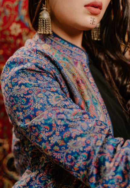 Kashmiri Kani Work Jacket - Blue | Silk - Kashmir Jama