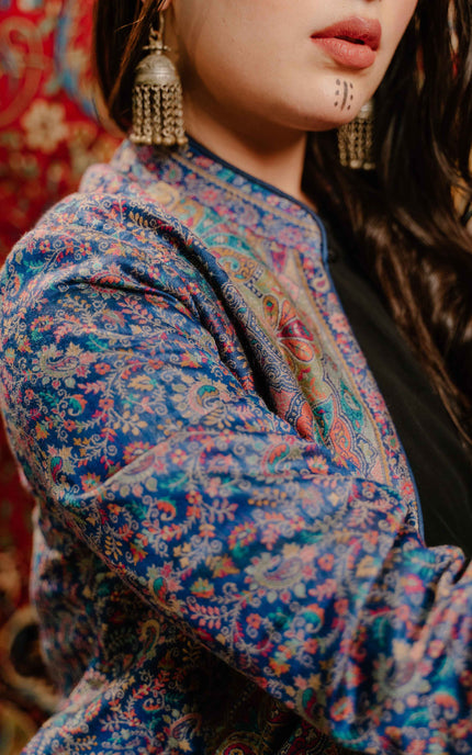 Kashmiri Kani Work Jacket - Blue | Silk - Kashmir Jama