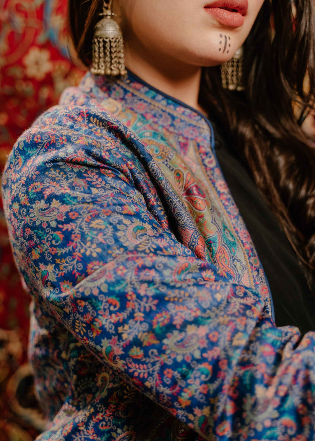 Kashmiri Kani Work Jacket - Blue | Silk - Kashmir Jama
