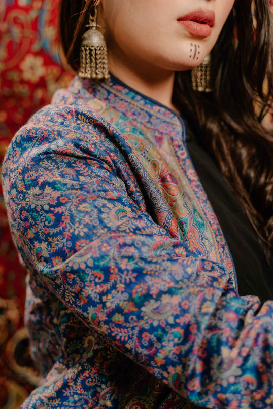 Kashmiri Kani Work Jacket - Blue | Silk - Kashmir Jama