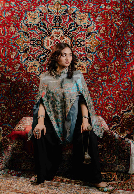 Kashmiri Kalamkari Darbar Cape Jacket - Natural | Soft Wool - Kashmir Jama