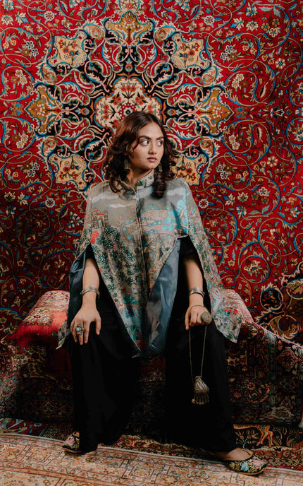 Kashmiri Kalamkari Darbar Cape Jacket - Natural | Soft Wool - Kashmir Jama