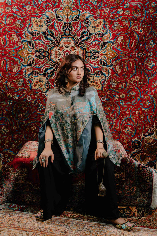 Kashmiri Kalamkari Darbar Cape Jacket - Natural | Soft Wool - Kashmir Jama