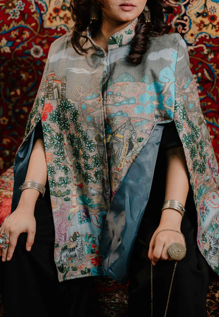 Kashmiri Kalamkari Darbar Cape Jacket - Natural | Soft Wool - Kashmir Jama