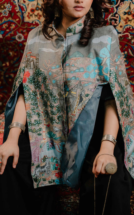 Kashmiri Kalamkari Darbar Cape Jacket - Natural | Soft Wool - Kashmir Jama