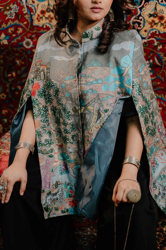 Kashmiri Kalamkari Darbar Cape Jacket - Natural | Soft Wool - Kashmir Jama