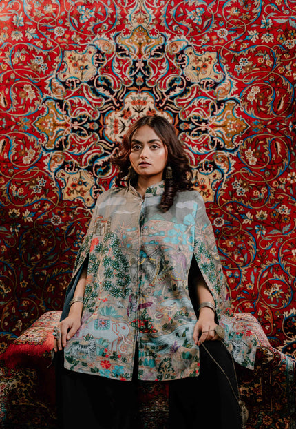 Kashmiri Kalamkari Darbar Cape Jacket - Natural | Soft Wool - Kashmir Jama