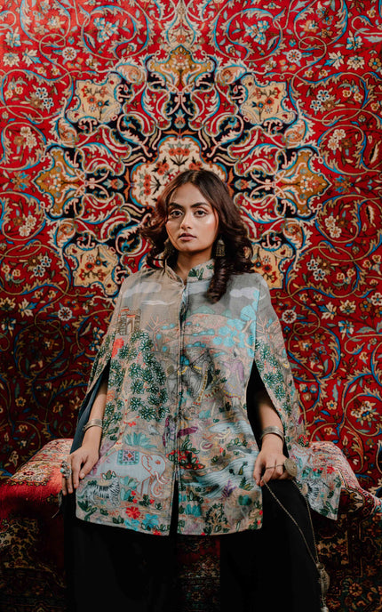 Kashmiri Kalamkari Darbar Cape Jacket - Natural | Soft Wool - Kashmir Jama