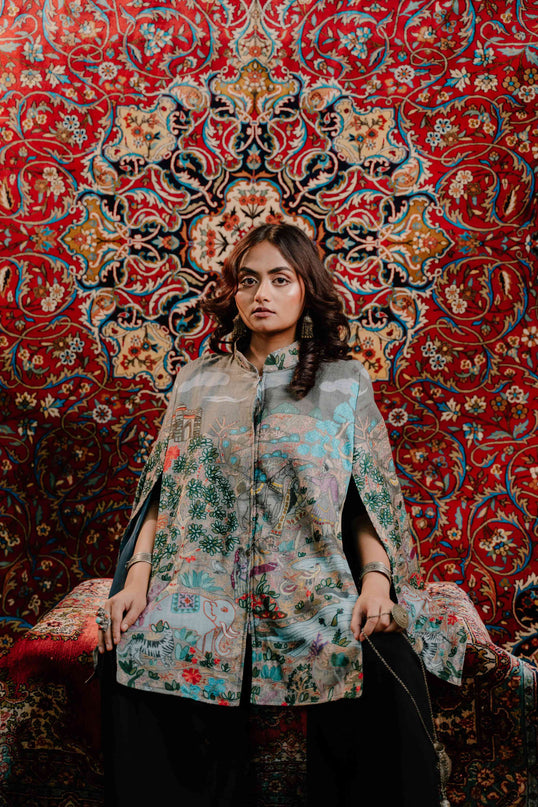 Kashmiri Kalamkari Darbar Cape Jacket - Natural | Soft Wool - Kashmir Jama