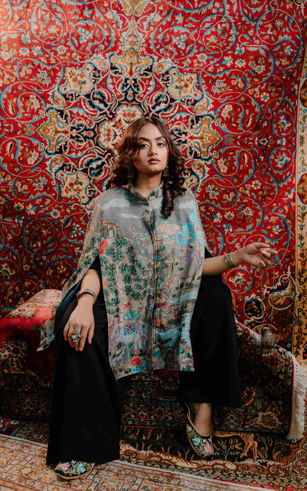 Kashmiri Kalamkari Darbar Cape Jacket - Natural | Soft Wool - Kashmir Jama