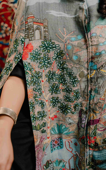 Kashmiri Kalamkari Darbar Cape Jacket - Natural | Soft Wool - Kashmir Jama