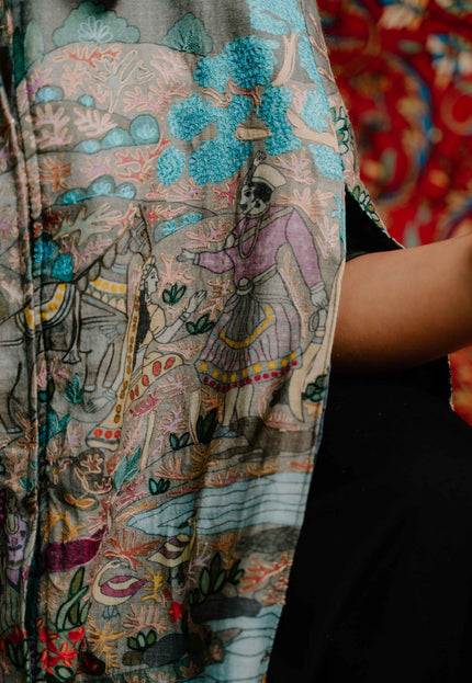 Kashmiri Kalamkari Darbar Cape Jacket - Natural | Soft Wool - Kashmir Jama