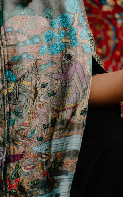 Kashmiri Kalamkari Darbar Cape Jacket - Natural | Soft Wool - Kashmir Jama