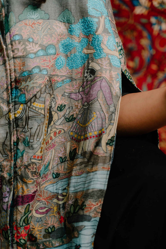 Kashmiri Kalamkari Darbar Cape Jacket - Natural | Soft Wool - Kashmir Jama