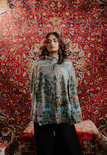 Kashmiri Kalamkari Darbar Cape Jacket - Natural | Soft Wool - Kashmir Jama