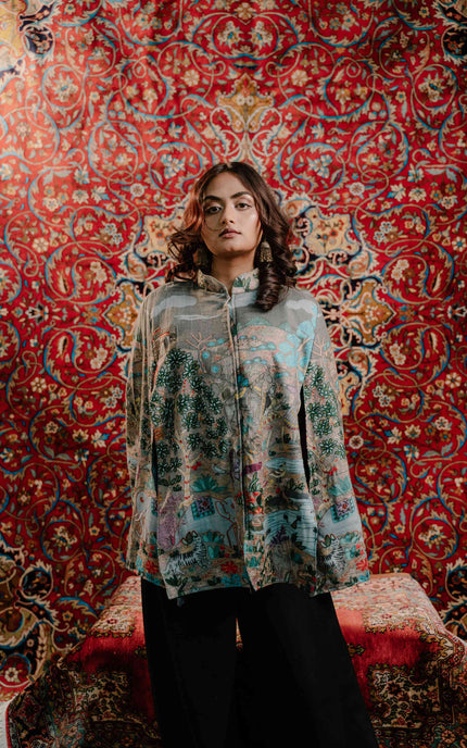 Kashmiri Kalamkari Darbar Cape Jacket - Natural | Soft Wool - Kashmir Jama